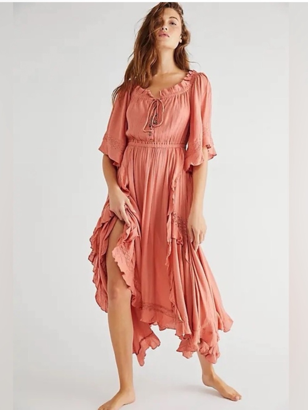Free People Beach Bliss Maxi Dress in Red Mango Size Small Boho Ruffle SOLD OUT